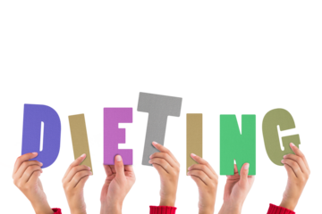 Digital png illustration of hands and dieting text on transparent background