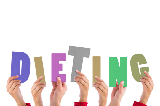 Digital png illustration of hands and dieting text on transparent background