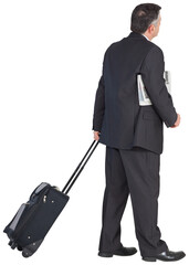 Digital png photo of caucasian senior businessman with suitcase walking on transparent background