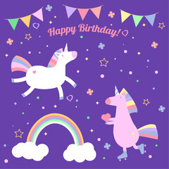 Obraz na płótnie Canvas Unicorns and rainbows. Birthday greetings card