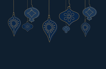 Line art of golden blue christmas baubles in dark blue background template for greeting card invitation.