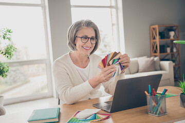 Photo of sweet shiny elderly lady wear white choosing new interior colors indoors apartment room