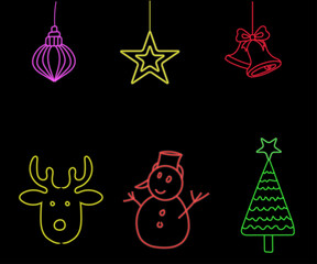 Neon Christmas tree with star, glowing icon. Neon New Year tree silhouette, outline Christmas tree in vivid colors. Festive fir with neon light. Icon set, sign, symbol for UI. Vector illustration