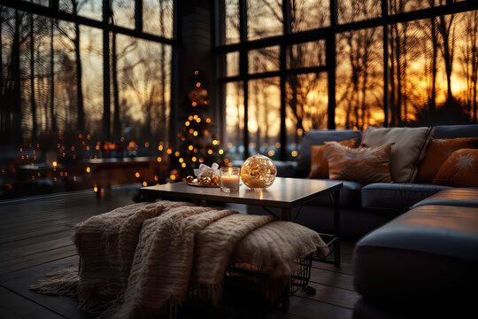 Merry Christmas holidays time concept. Living room filled with bright colored balls and various decorations