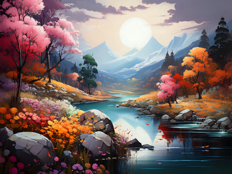 colorful landscape on the river, trees and flovers
