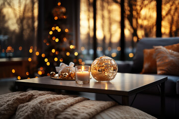 Merry Christmas holidays time concept. Living room filled with bright colored balls and various...