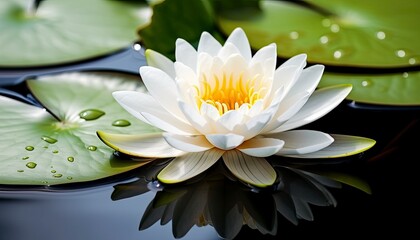 White water lily. White lotus with leaves on dark pond.