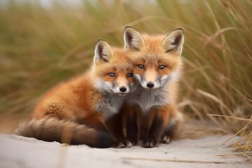 Wild baby red foxes cuddling at the beach.