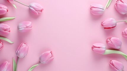 On a background of soft pink, a creative spring concept was created with a paintbrush and brilliant tulip flowers. simple flat lay of nature.