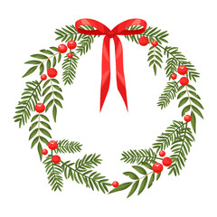 Winter wreath with red bow, red berries and pine twigs. Modern design for Holidays invitation card, poster, banner, greeting card, postcard, packaging, print. Christmas decoration, Vector illustration
