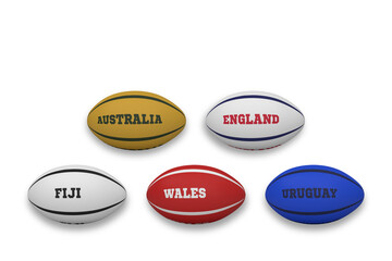 Digital png illustration of rugby balls with country names on transparent background