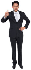 Digital png photo of biracial businessman pointing on transparent background