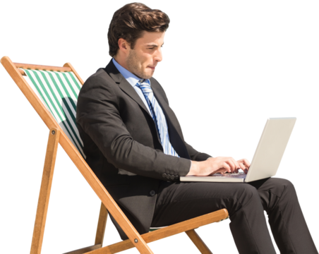 Digital png photo of caucasian businessman using laptop on sunbed on transparent background