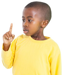 Digital png photo of african american boy with hand up on transparent background