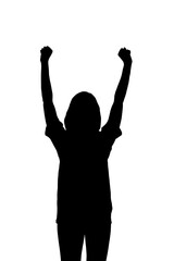 Fototapeta premium Digital png illustration of silhouette of sportswoman with hands up on transparent background