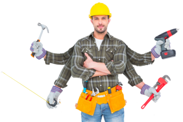 Digital png photo of happy caucasian construction worker with tools on transparent background
