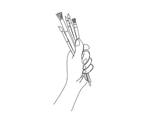 Continuous one line drawing of hand holding art brushes. Hand holds brushes outline illustration. Editable stroke.