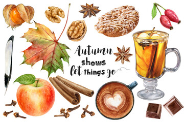 Watercolor illustration of coffee, mulled wine, leaves and desserts close up. A hand-drawn Halloween autumn set.
