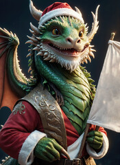 Fototapeta premium The new year 2024 illustration with a cute dragon in a Santa hat holding a Blanc banner with copy space for text. Illustration for children. Christmas card. 