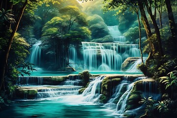 Beautiful waterfall in tropical forest. Natural background. Digital painting.