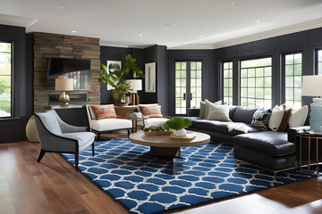 The living room's use of a well-placed area rug not only anchors the space but also adds an extra layer of comfort and style, enhancing the room's overall aesthetic. Generative AI
