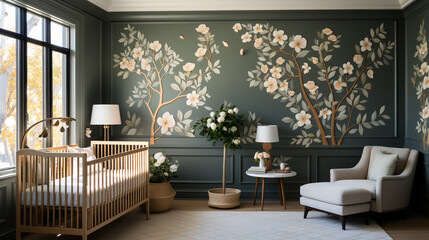Chic and stylish nursery with a crib and whimsical
