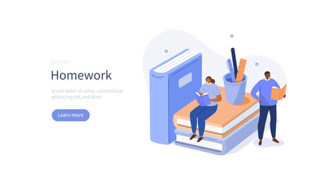 Education and knowledge concept. Students preparing to exam and holding open books, reading, doing homework. Examination preparation. Vector illustration.