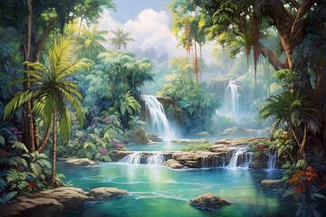 Waterfall in the jungle. Digital painting of tropical forest and waterfall.