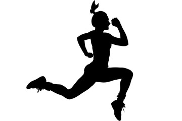 Fototapeta na wymiar Digital png silhouette of sportswoman running and jumping on transparent background