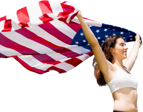 Digital png photo of happy caucasian sportswoman with usa flag on transparent background - Powered by Adobe