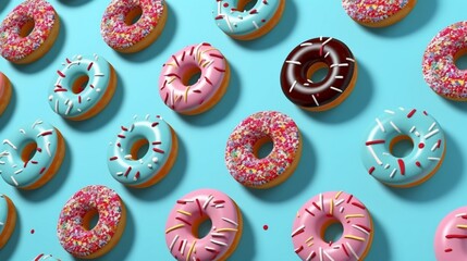 On a pale blue background, an artistic pattern of colorful donuts is seen. small-scale food idea. Isometric.
