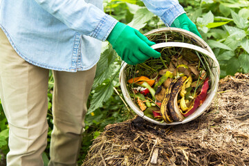 Zero waste, composting. Compost pile heap with bio waste. Farmer with vegetable fruit scraps in...