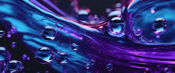 glowing blue purple water drops. Coloring water splash black background, white light. Generated AI.