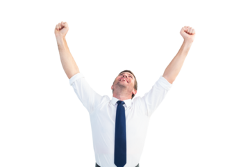 Digital png photo of happy caucasian businessman raising arms and laughing on transparent background