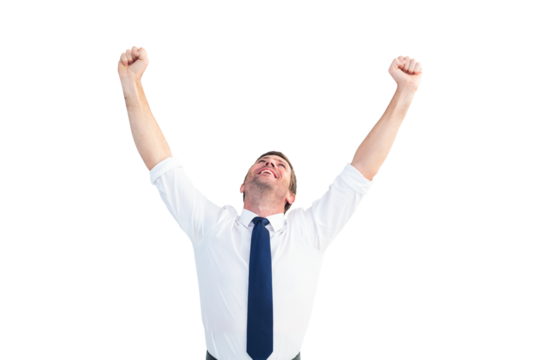 Digital png photo of happy caucasian businessman raising arms and laughing on transparent background
