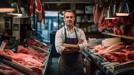Fotobehang Young man standing in front of shelves with raw meat. Female butcher working in modern meathsop © LELISAT