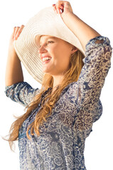 Digital png photo of happy caucasian woman with sun hat smiling on transparent background