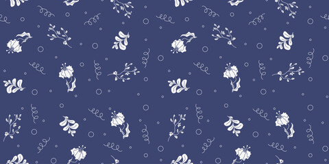 Trendy Scandinavian floral wrapping paper design. Elegance flowers seamless pattern in retro Asian style. Lotus blue design t-shirt, textile fabric print. Vector illustration.