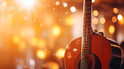Fototapeta premium Music bokeh blurred background with guitar with copy space