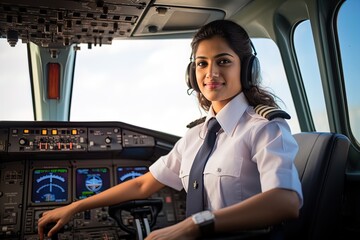 A uniformed female pilot in the cockpit of  plane. Great for stories on airlines, pilots, travel, careers, women's empowerment and more. 