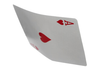 Flying playing card for poker and gambling, ace heart isolated on white, clipping path - obrazy, fototapety, plakaty