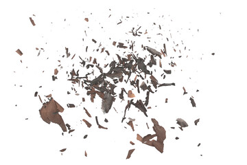 Ash with burned, paper scraps scattered, pieces explosion effect isolated on white background, texture, top view, clipping
