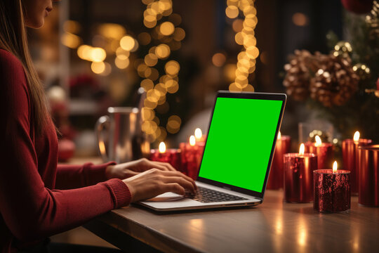 Woman working on laptop computer with green screen chromakey on display. Woman shopping, make orders, planning holiday by laptop and buying gifts.Freelance and Millennial People
