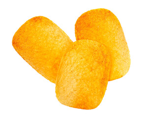 Potato chips group with flavored hot and spicy red pepper isolated on white, top view, clipping path
