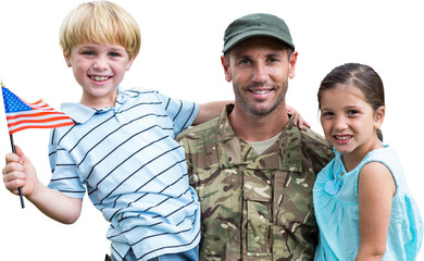 Digital png photo of happy solider with kids holding flag on transparent background