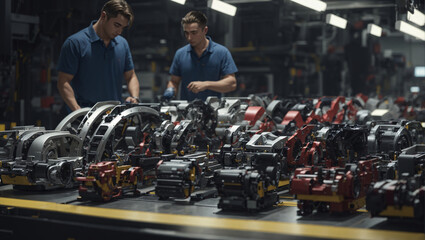 The operators are working. Assembling cars at a car factory using automated robotic arms. High-tech electric vehicles running on clean energy. Construction and welding on an industrial production line