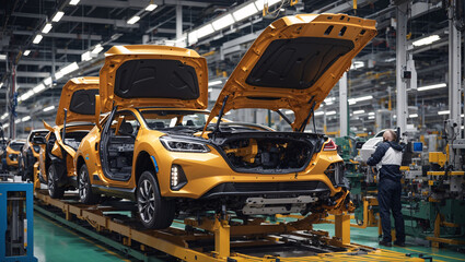 Car production in a modern factory: automated robotic arms assemble high-tech electric cars that use environmentally friendly fuel. Construction and welding work on an industrial production line