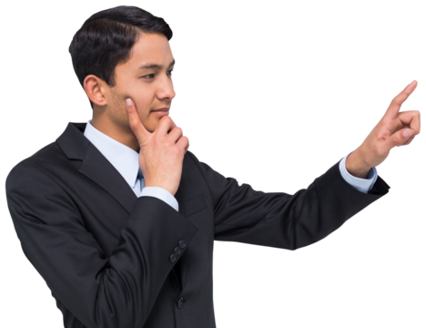 Digital png photo of thinking biracial businessman pointing finger on transparent background - Powered by Adobe