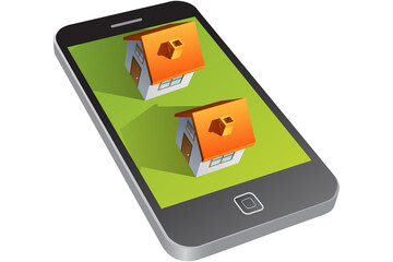 Digital png illustration of smartphone with two houses on transparent background