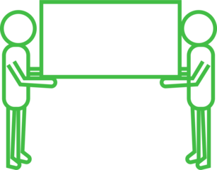 Digital png illustration of two green figures holding card with copy space on transparent background
